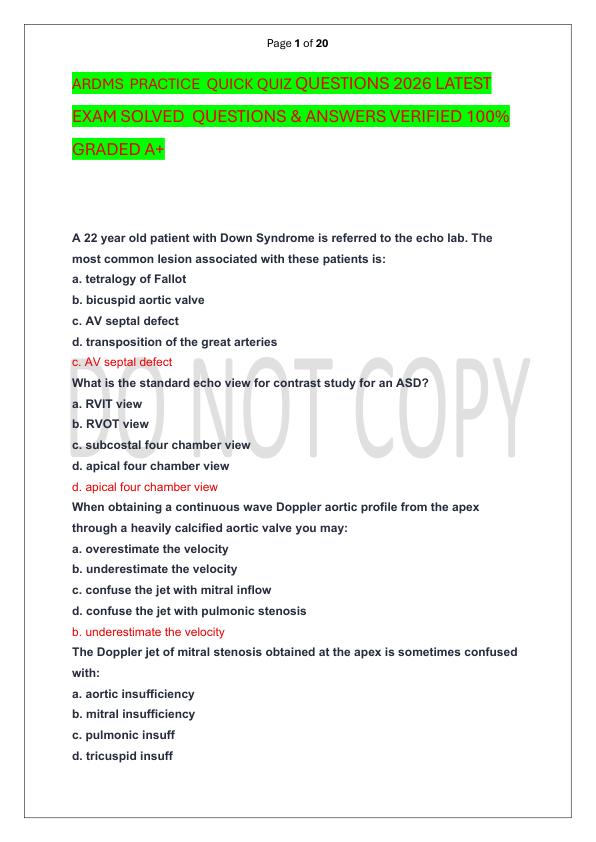 ARDMS  PRACTICE  QUICK QUIZ QUESTIONS 2026 LATEST EXAM SOLVED  QUESTIONS & ANSWERS VERIFIED 100%  GRADED A+