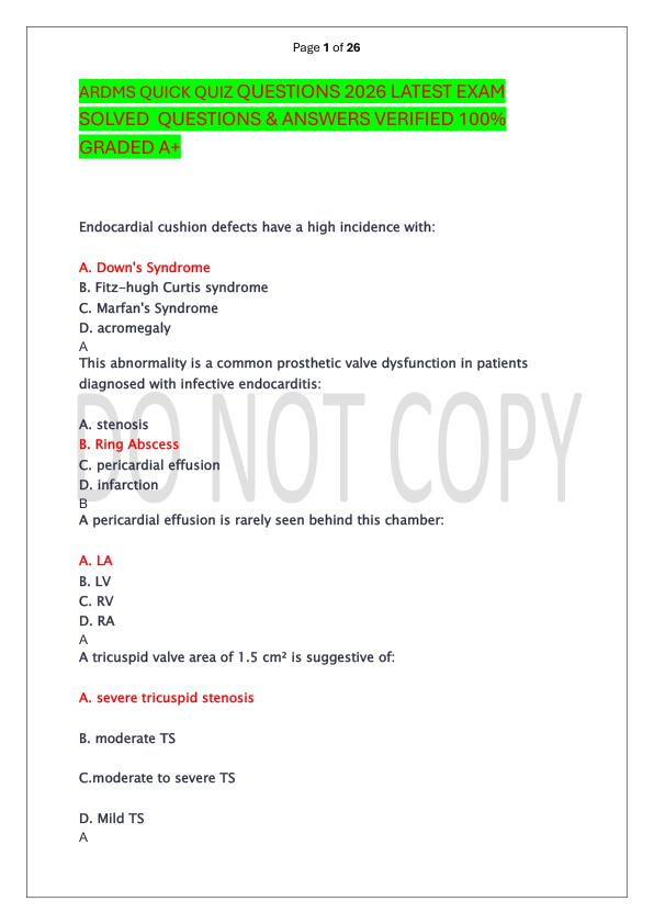 ARDMS QUICK QUIZ QUESTIONS 2026 LATEST EXAM SOLVED  QUESTIONS & ANSWERS VERIFIED 100%  GRADED A+