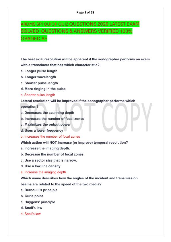 ARDMS SPI QUICK QUIZ QUESTIONS 2026 LATEST EXAM SOLVED  QUESTIONS & ANSWERS VERIFIED 100%  GRADED A+