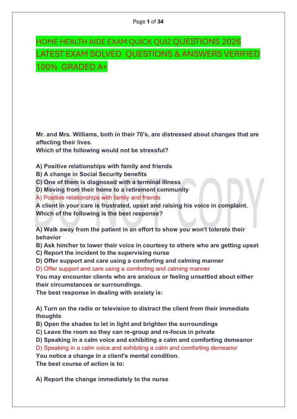 HOME HEALTH AIDE EXAM QUICK QUIZ QUESTIONS 2026 LATEST EXAM SOLVED  QUESTIONS & ANSWERS VERIFIED 100%  GRADED A+