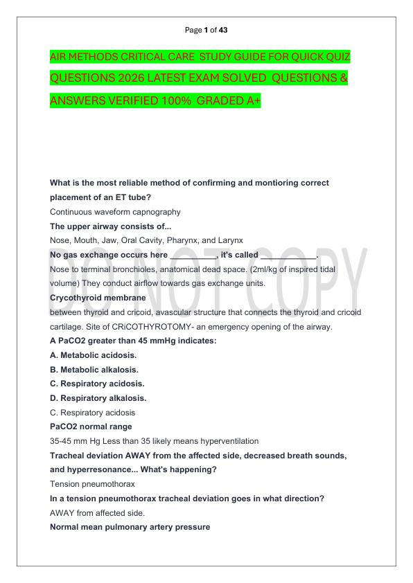 AIR METHODS CRITICAL CARE  STUDY GUIDE FOR QUICK QUIZ QUESTIONS 2026 LATEST EXAM SOLVED  QUESTIONS & ANSWERS VERIFIED 100%  GRADED A+