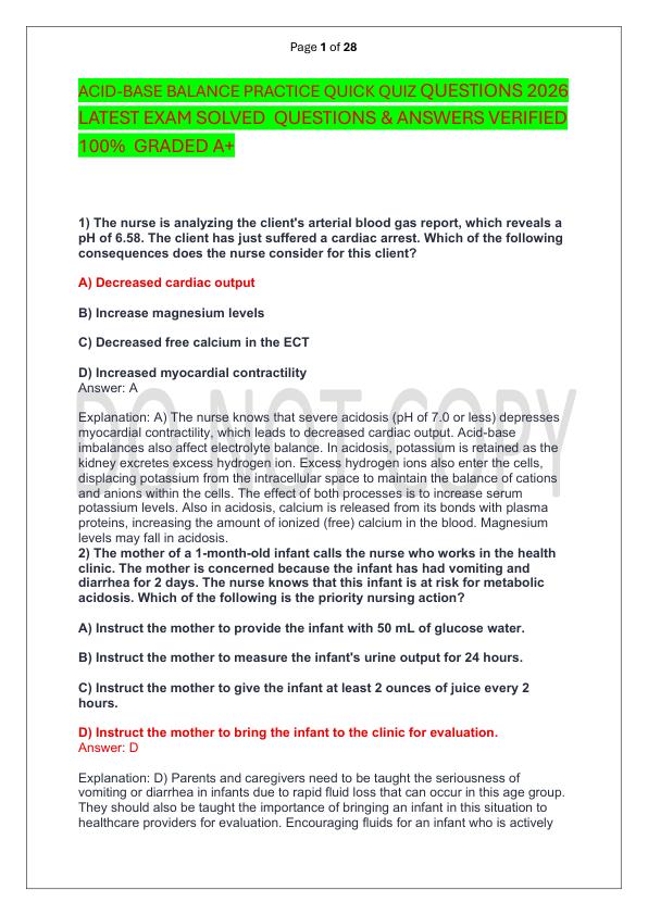 ACID-BASE BALANCE PRACTICE QUICK QUIZ QUESTIONS 2026 LATEST EXAM SOLVED  QUESTIONS & ANSWERS VERIFIED 100%  GRADED A+