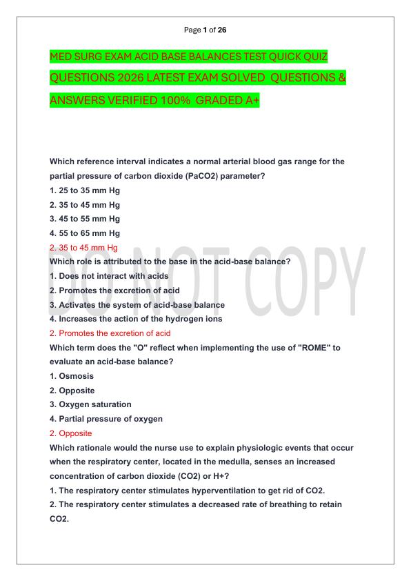 MED SURG EXAM ACID BASE BALANCES TEST QUICK QUIZ QUESTIONS 2026 LATEST EXAM SOLVED  QUESTIONS & ANSWERS VERIFIED 100%  GRADED A+