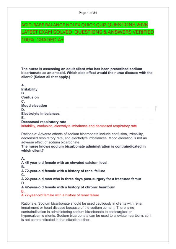 ACID-BASE BALANCE NCLEX QUICK QUIZ QUESTIONS 2026 LATEST EXAM SOLVED  QUESTIONS & ANSWERS VERIFIED 100%  GRADED A+