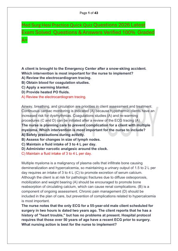 Med Surg Hesi Practice Quick Quiz Questions 2026 Latest Exam Solved  Questions & Answers Verified 100%  Graded A+