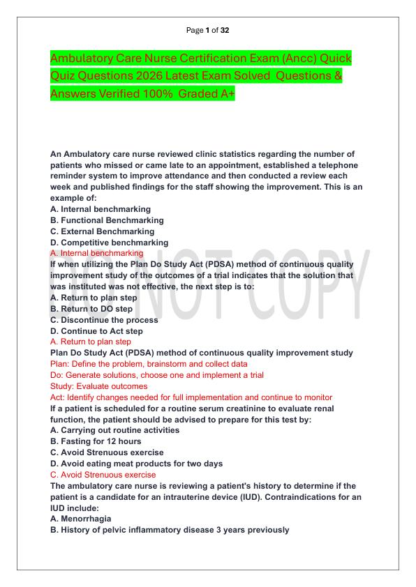 Ambulatory Care Nurse Certification Exam (Ancc) Quick Quiz Questions 2026 Latest Exam Solved  Questions & Answers Verified 100%  Graded A+