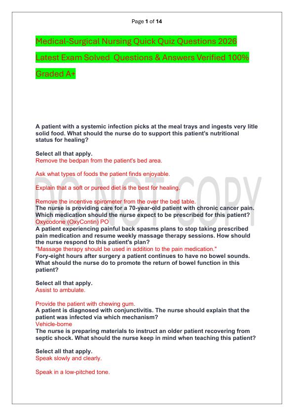 Medical-Surgical Nursing Quick Quiz Questions 2026 Latest Exam Solved  Questions & Answers Verified 100%  Graded A+