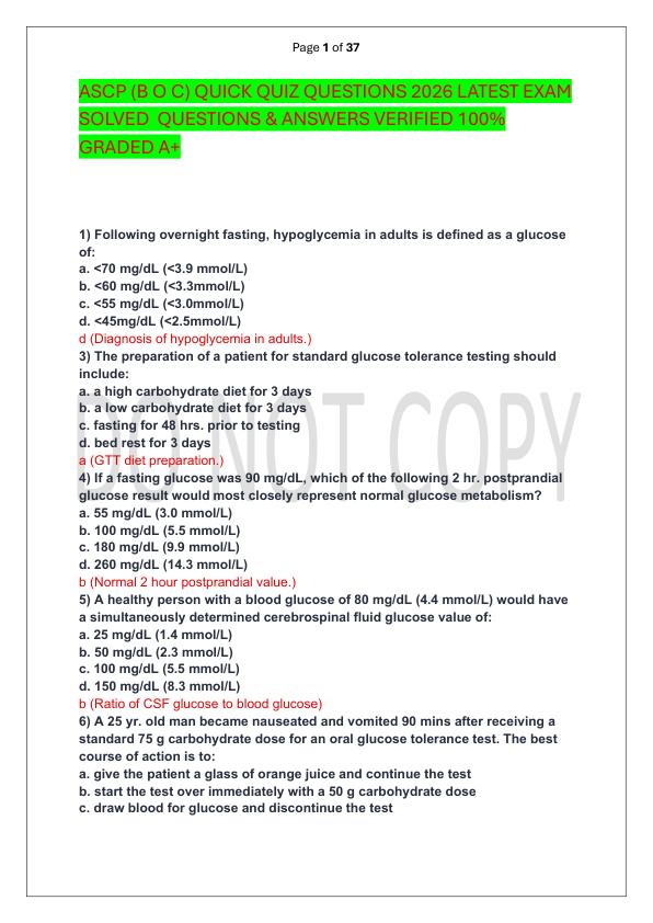 ASCP (B O C) QUICK QUIZ QUESTIONS 2026 LATEST EXAM SOLVED  QUESTIONS & ANSWERS VERIFIED 100%  GRADED A+
