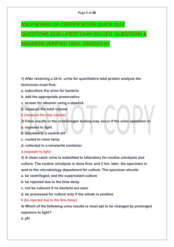 ASCP BOARD OF CERTIFICATION QUICK QUIZ QUESTIONS 2026 LATEST EXAM SOLVED  QUESTIONS & ANSWERS VERIFIED 100%  GRADED A+
