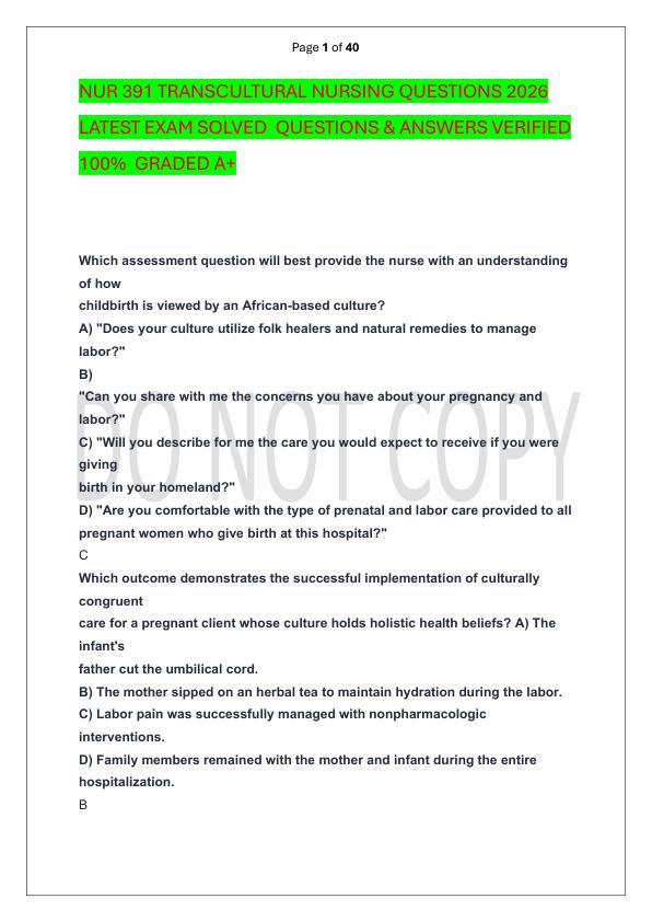 NUR 391 TRANSCULTURAL NURSING QUESTIONS 2026 LATEST EXAM SOLVED  QUESTIONS & ANSWERS VERIFIED 100%  GRADED A+