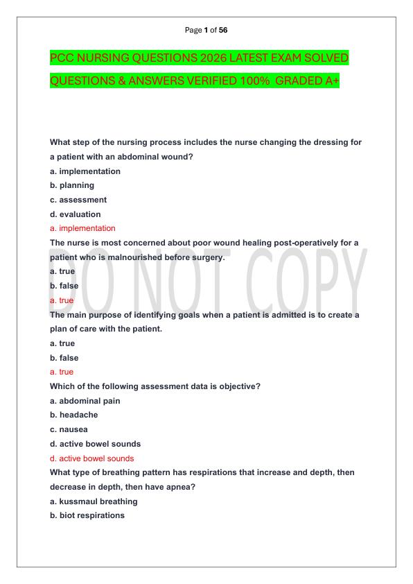 PCC NURSING QUESTIONS 2026 LATEST EXAM SOLVED  QUESTIONS & ANSWERS VERIFIED 100%  GRADED A+