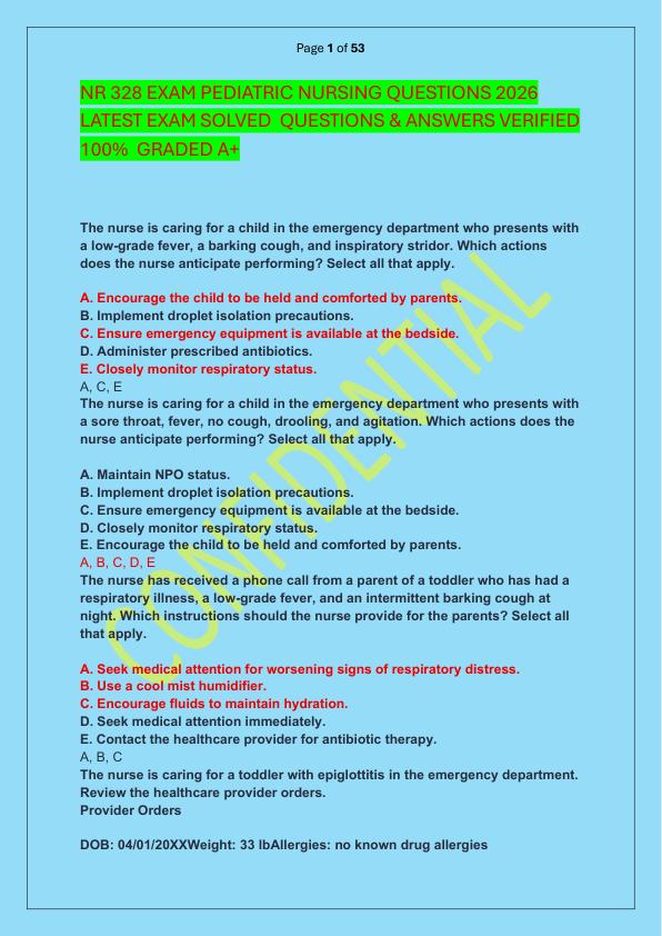 mobile-preview-NR 328 EXAM PEDIATRIC NURSING QUESTIONS 2026 LATEST EXAM SOLVED  QUESTIONS & ANSWERS VERIFIED 100%  GRADED A+