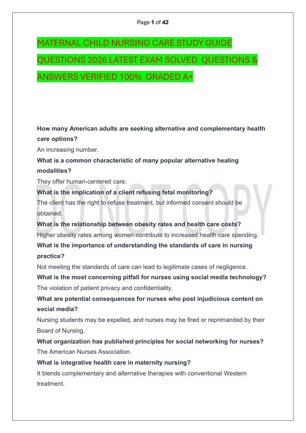 MATERNAL CHILD NURSING CARE STUDY GUIDE QUESTIONS 2026 LATEST EXAM SOLVED  QUESTIONS & ANSWERS VERIFIED 100%  GRADED A+