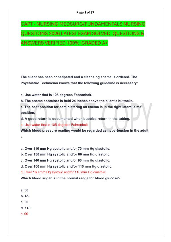 CAPT - NURSING MEDSURG FUNDAMENTALS NURSING QUESTIONS 2026 LATEST EXAM SOLVED  QUESTIONS & ANSWERS VERIFIED 100%  GRADED A+