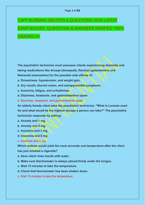 CAPT NURSING SECTION 5 QUESTIONS 2026 LATEST EXAM SOLVED  QUESTIONS & ANSWERS VERIFIED 100%  GRADED A+