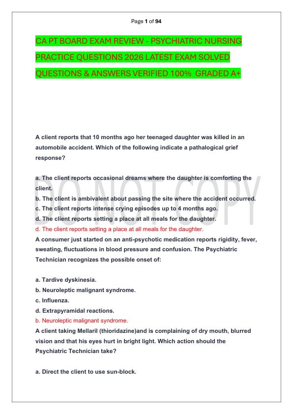 mobile-preview-CA PT BOARD EXAM REVIEW - PSYCHIATRIC NURSING PRACTICE QUESTIONS 2026 LATEST EXAM SOLVED  QUESTIONS & ANSWERS VERIFIED 100%  GRADED A+