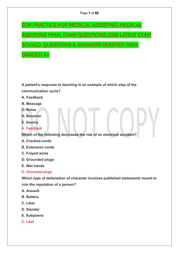 EOP PRACTICE FOR MEDICAL ASSISTING, MEDICAL ASSISTING FINAL EXAM QUESTIONS 2026 LATEST EXAM SOLVED  QUESTIONS & ANSWERS VERIFIED 100%  GRADED A+