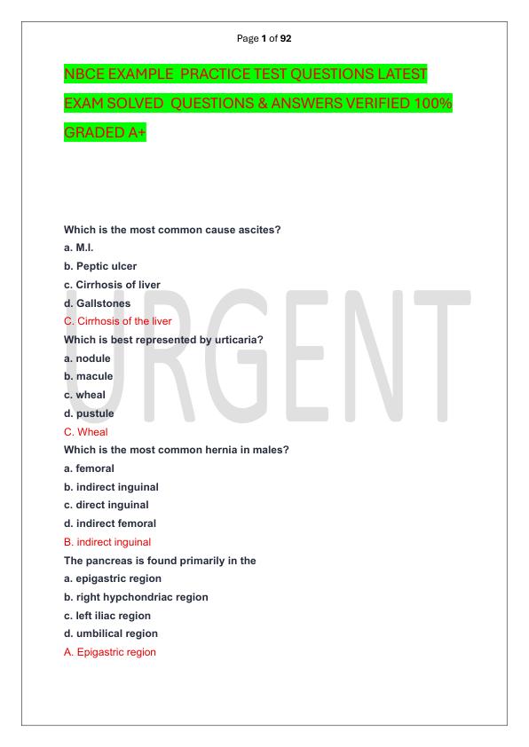 NBCE EXAMPLE  PRACTICE TEST QUESTIONS LATEST EXAM SOLVED  QUESTIONS & ANSWERS VERIFIED 100%  GRADED A+
