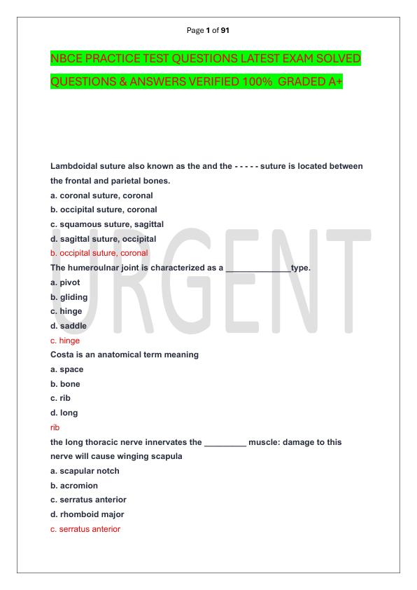 NBCE PRACTICE TEST QUESTIONS LATEST EXAM SOLVED  QUESTIONS & ANSWERS VERIFIED 100%  GRADED A+