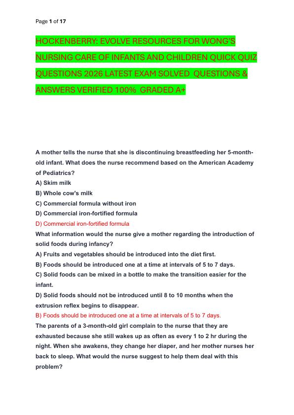 HOCKENBERRY EVOLVE RESOURCES FOR WONG'S NURSING CARE OF INFANTS AND CHILDREN QUICK QUIZ QUESTIONS 2026 LATEST EXAM SOLVED  QUESTIONS & ANSWERS VERIFIED 100%  GRADED A+