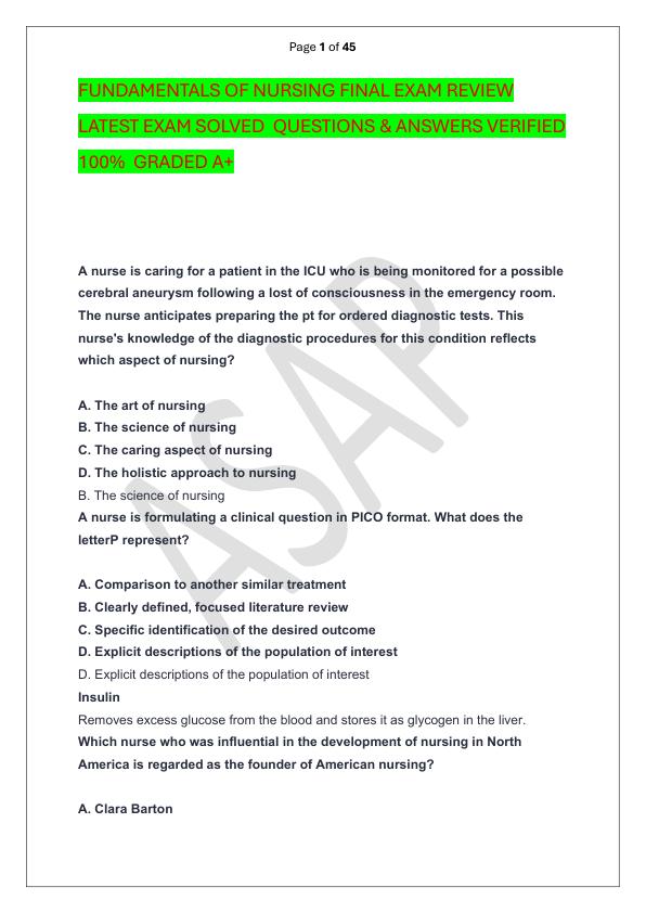 FUNDAMENTALS OF NURSING FINAL EXAM REVIEW LATEST EXAM SOLVED  QUESTIONS & ANSWERS VERIFIED 100%  GRADED A+