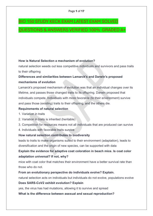 BIO 150 STUDY KECK EXAM LATEST EXAM SOLVED  QUESTIONS & ANSWERS VERIFIED 100%  GRADED A+