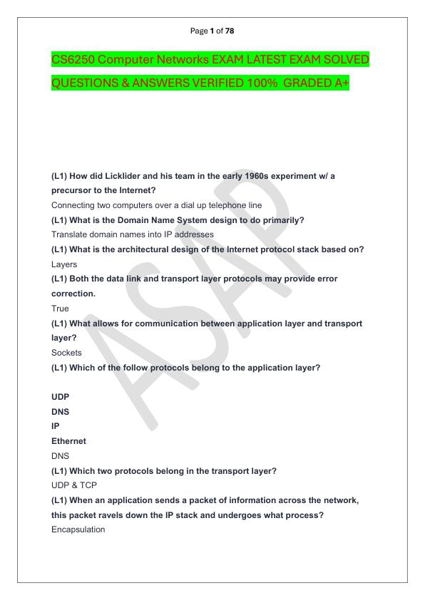 CS6250 Computer Networks EXAM LATEST EXAM SOLVED  QUESTIONS & ANSWERS VERIFIED 100%  GRADED A+