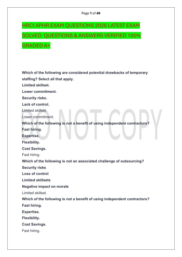 HRCI APHR EXAM QUESTIONS 2026 LATEST EXAM SOLVED  QUESTIONS & ANSWERS VERIFIED 100%  GRADED A+