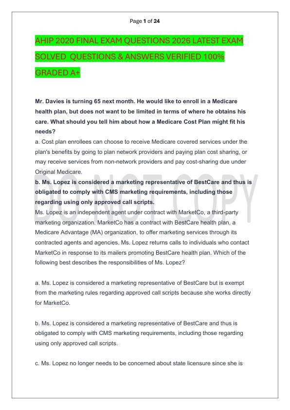 AHIP 2020 FINAL EXAM QUESTIONS 2026 LATEST EXAM SOLVED  QUESTIONS & ANSWERS VERIFIED 100%  GRADED A+