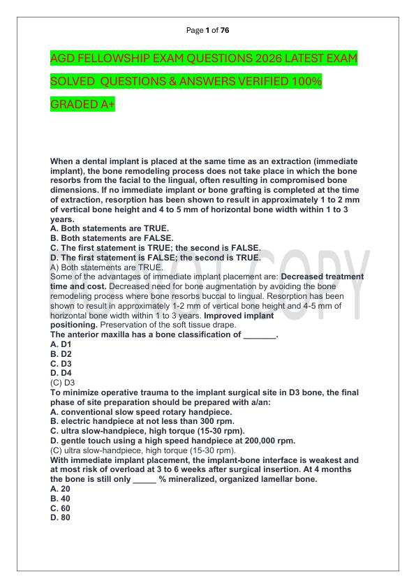 AGD FELLOWSHIP EXAM QUESTIONS 2026 LATEST EXAM SOLVED  QUESTIONS & ANSWERS VERIFIED 100%  GRADED A+