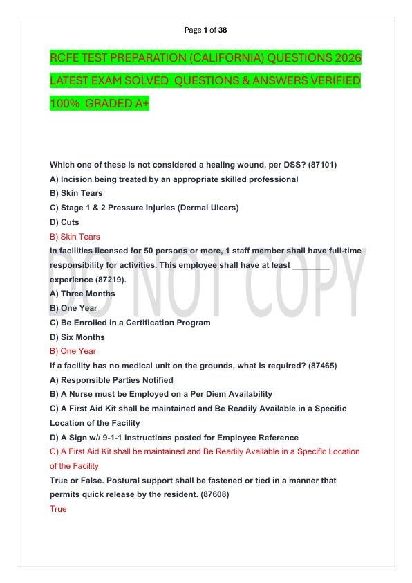 RCFE TEST PREPARATION (CALIFORNIA) QUESTIONS 2026 LATEST EXAM SOLVED  QUESTIONS & ANSWERS VERIFIED 100%  GRADED A+