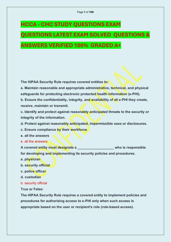 HCCA - CHC STUDY QUESTIONS EXAM QUESTIONS LATEST EXAM SOLVED  QUESTIONS & ANSWERS VERIFIED 100%  GRADED A+ 