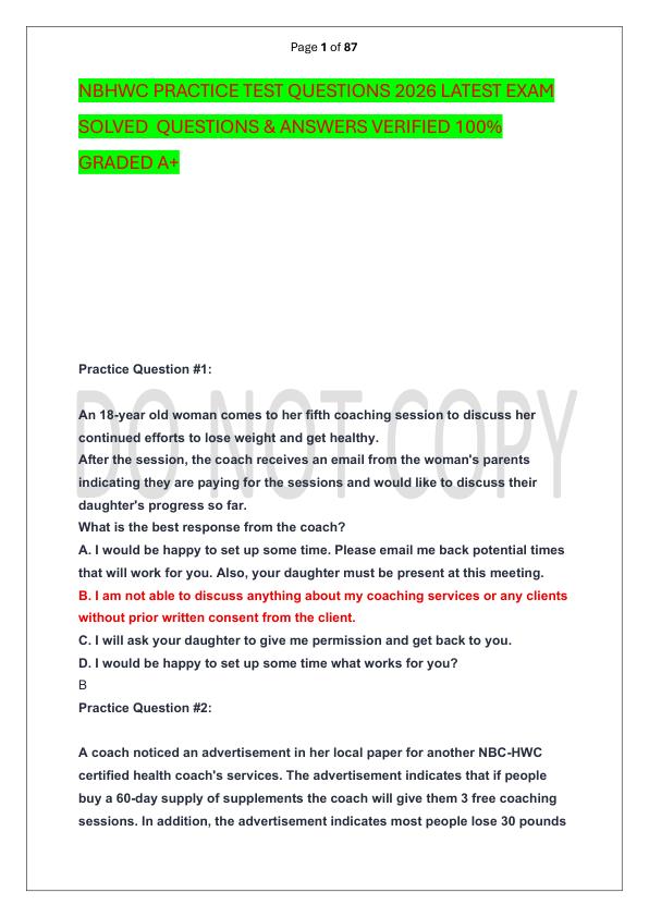 NBHWC PRACTICE TEST QUESTIONS 2026 LATEST EXAM SOLVED  QUESTIONS & ANSWERS VERIFIED 100%  GRADED A+