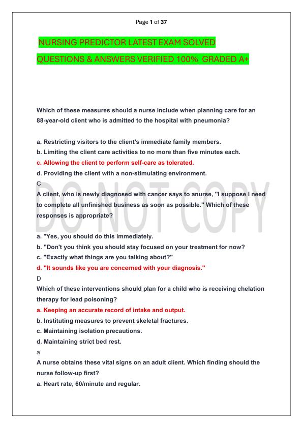NURSING PREDICTOR LATEST EXAM SOLVED  QUESTIONS & ANSWERS VERIFIED 100%  GRADED A+