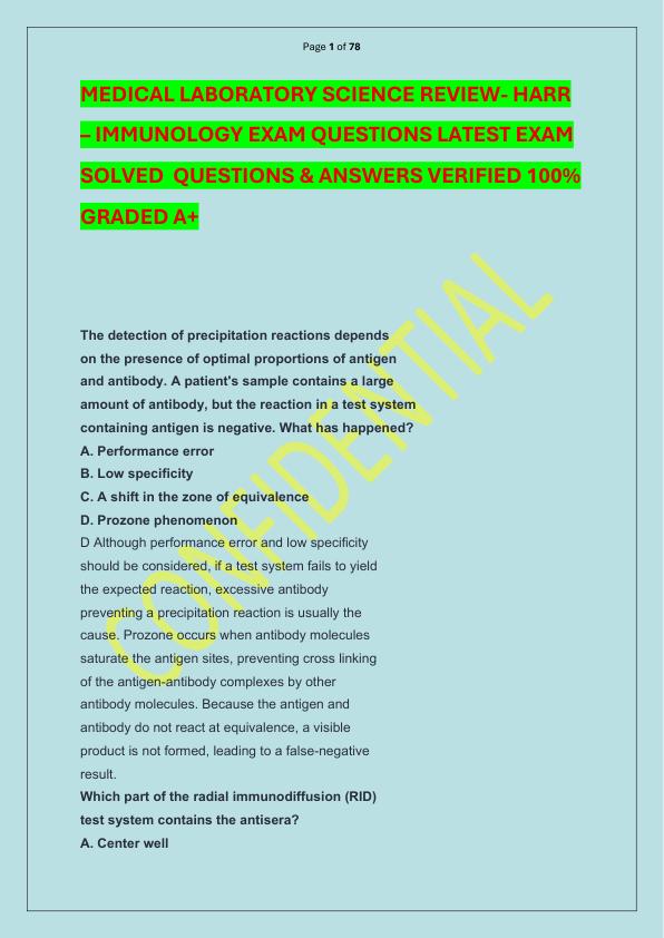 MEDICAL LABORATORY SCIENCE REVIEW- HARR – IMMUNOLOGY EXAM QUESTIONS LATEST EXAM SOLVED  QUESTIONS & ANSWERS VERIFIED 100%  GRADED A+ 