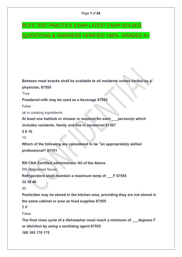 RCFE TEST PRACTICE EXAM LATEST EXAM SOLVED  QUESTIONS & ANSWERS VERIFIED 100%  GRADED A+