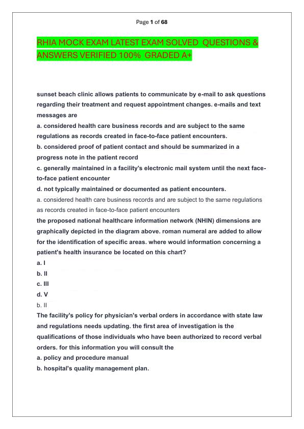 RHIA MOCK EXAM LATEST EXAM SOLVED  QUESTIONS & ANSWERS VERIFIED 100%  GRADED A+