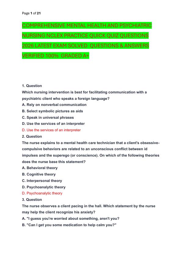 COMPREHENSIVE MENTAL HEALTH AND PSYCHIATRIC NURSING NCLEX PRACTICE QUICK QUIZ QUESTIONS 2026 LATEST EXAM SOLVED  QUESTIONS & ANSWERS VERIFIED 100%  GRADED A+