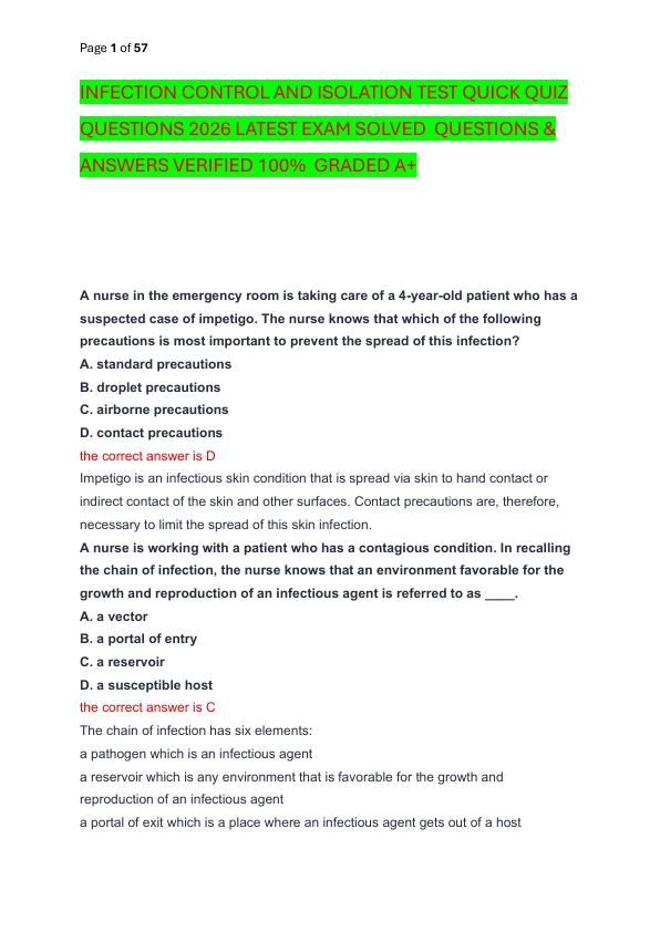 INFECTION CONTROL AND ISOLATION TEST QUICK QUIZ QUESTIONS 2026 LATEST EXAM SOLVED  QUESTIONS & ANSWERS VERIFIED 100%  GRADED A+