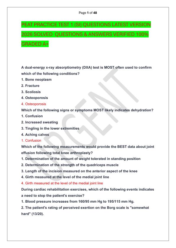 PEAT PRACTICE TEST 1 (SI) QUESTIONS LATEST VERSION 2026 SOLVED  QUESTIONS & ANSWERS VERIFIED 100%  GRADED A+
