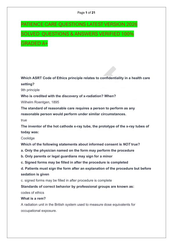 PATIENCE CARE QUESTIONS LATEST VERSION 2026 SOLVED  QUESTIONS & ANSWERS VERIFIED 100%  GRADED A+