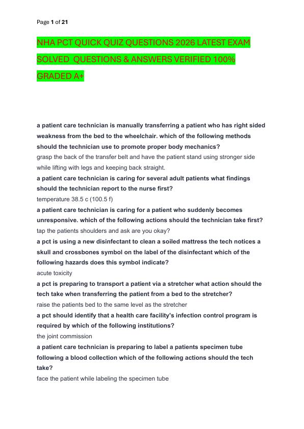 NHA PCT QUICK QUIZ QUESTIONS 2026 LATEST EXAM SOLVED  QUESTIONS & ANSWERS VERIFIED 100%  GRADED A+