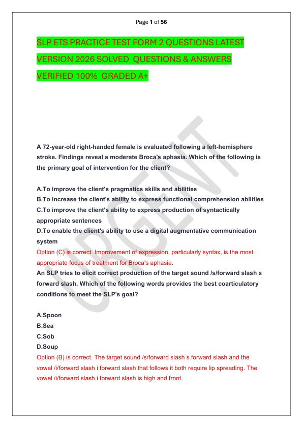SLP ETS PRACTICE TEST FORM 2 QUESTIONS LATEST VERSION 2026 SOLVED  QUESTIONS & ANSWERS VERIFIED 100%  GRADED A+
