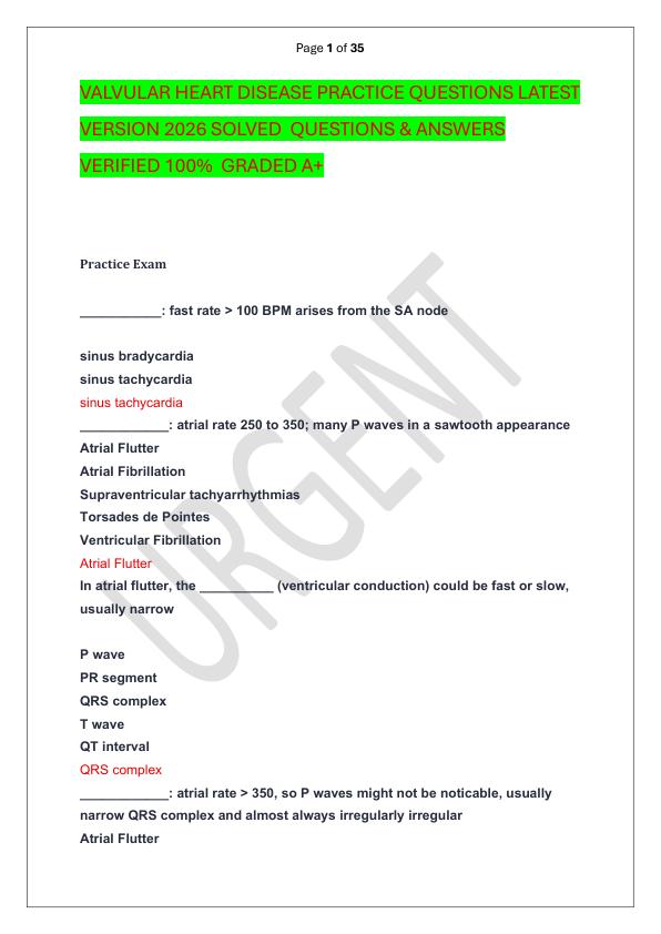 VALVULAR HEART DISEASE PRACTICE QUESTIONS LATEST VERSION 2026 SOLVED  QUESTIONS & ANSWERS VERIFIED 100%  GRADED A+