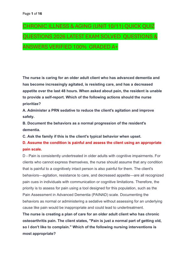 CHRONIC ILLNESS & AGING (UNIT 10 11) QUICK QUIZ QUESTIONS 2026 LATEST EXAM SOLVED  QUESTIONS & ANSWERS VERIFIED 100%  GRADED A+