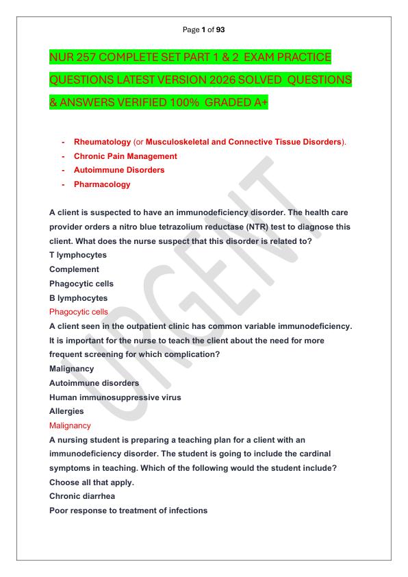 NUR 257 COMPLETE SET PART 1 & 2  EXAM PRACTICE QUESTIONS LATEST VERSION 2026 SOLVED  QUESTIONS & ANSWERS VERIFIED 100%  GRADED A+