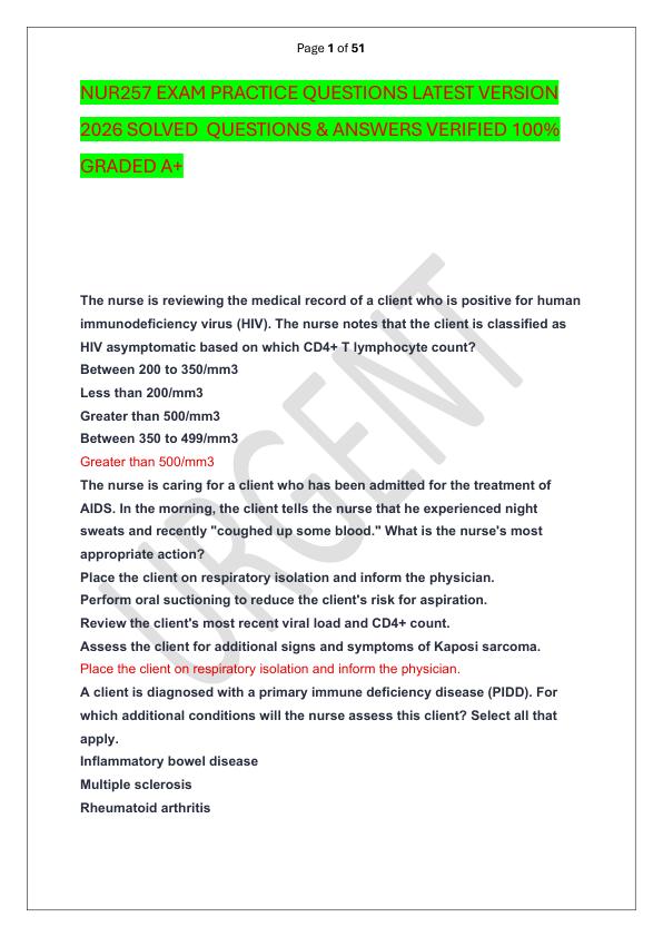NUR257 EXAM PRACTICE QUESTIONS LATEST VERSION 2026 SOLVED  QUESTIONS & ANSWERS VERIFIED 100%  GRADED A+