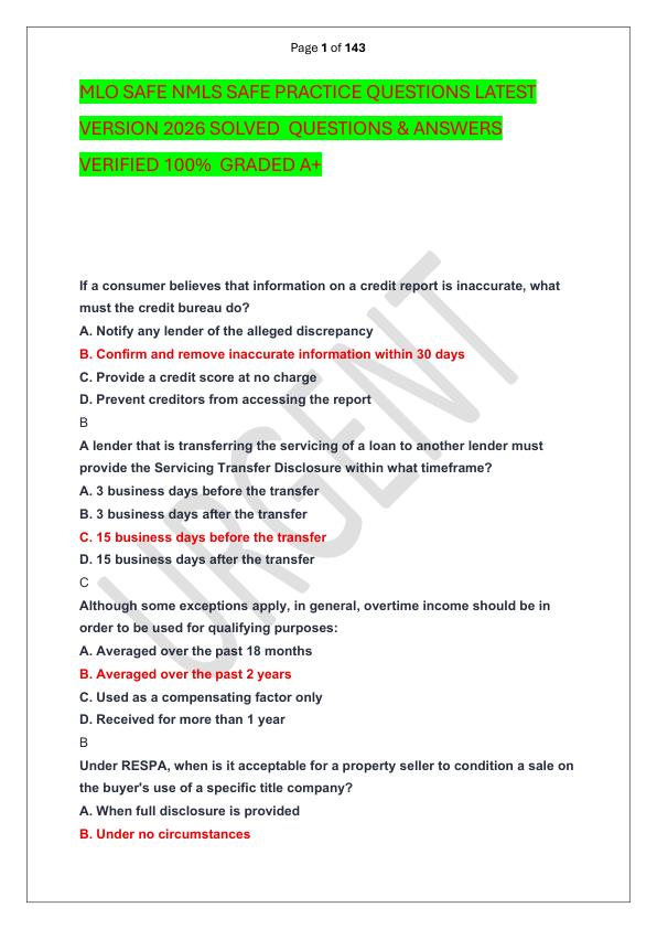 MLO SAFE NMLS SAFE PRACTICE QUESTIONS LATEST VERSION 2026 SOLVED  QUESTIONS & ANSWERS VERIFIED 100%  GRADED A+