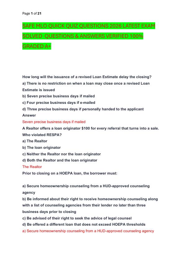 SAFE MLO QUICK QUIZ QUESTIONS 2026 LATEST EXAM SOLVED  QUESTIONS & ANSWERS VERIFIED 100%  GRADED A+