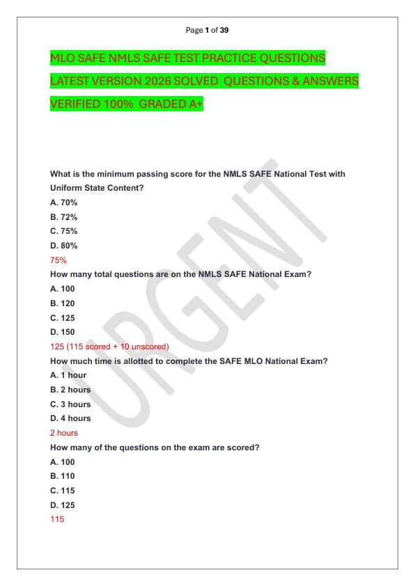 MLO SAFE NMLS SAFE TEST PRACTICE QUESTIONS LATEST VERSION 2026 SOLVED  QUESTIONS & ANSWERS VERIFIED 100%  GRADED A+